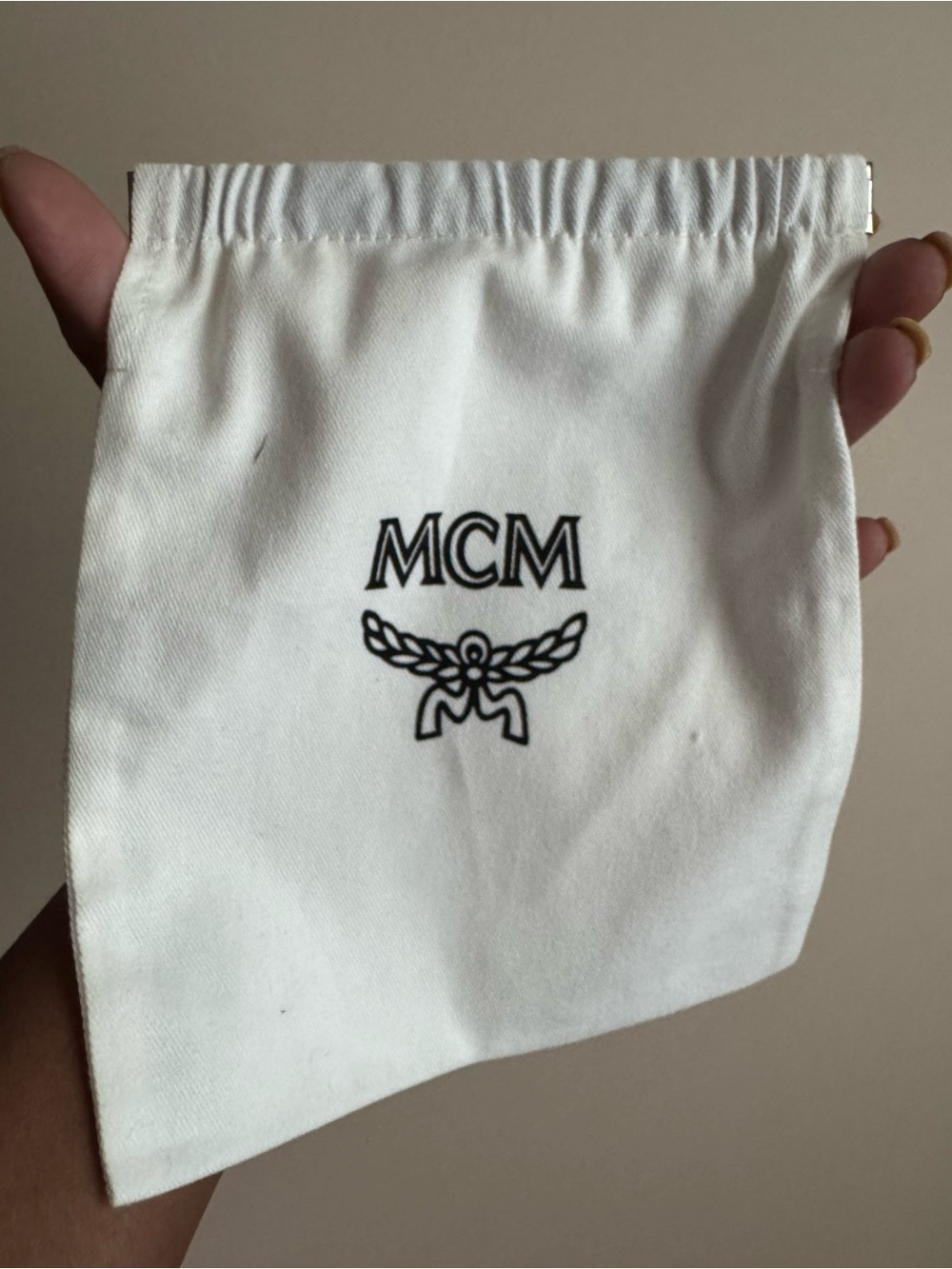 MCM White Drawstring Pouch with Black Logo